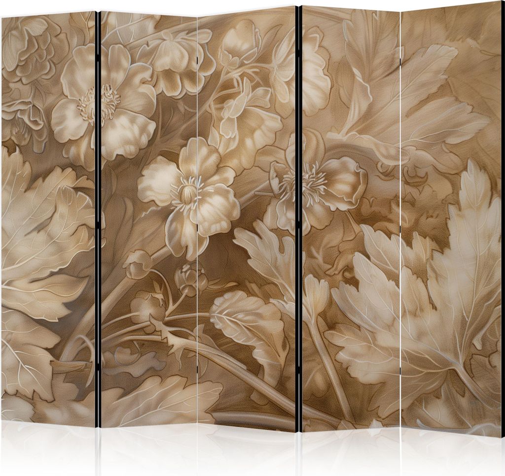 5-teiliger Doppelseitiger Vlies Paravent - Carved Floral Ornaments in Soft Sepia and Brown Tones 225x172 cm b-H-10015-z-b