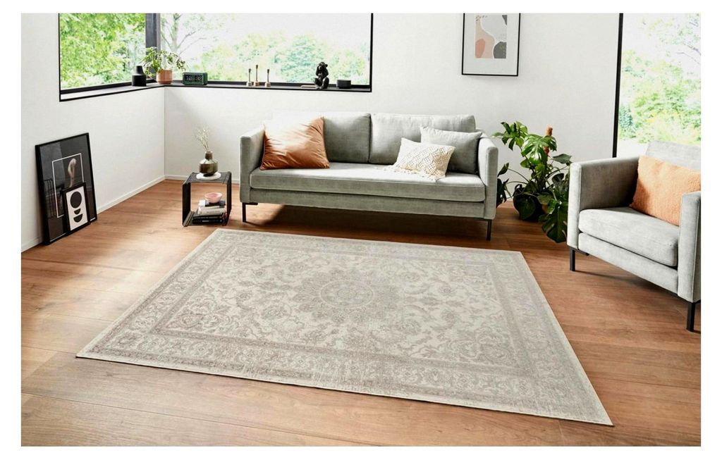 Orient Teppich Täbris mit Bordüre und Ornamenten, Größe: 160x230 cm, Farbe: Creme/Anthrazit