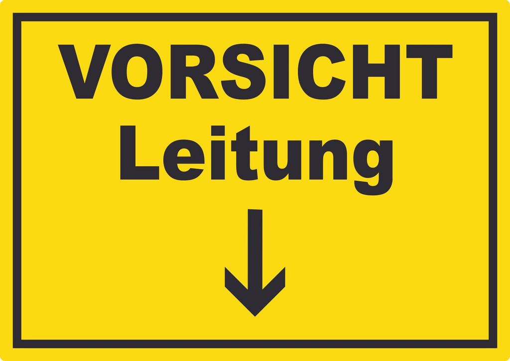 Vorsicht Leitung mit Richtungspfeil unten Aufkleber A7 (74x105mm)