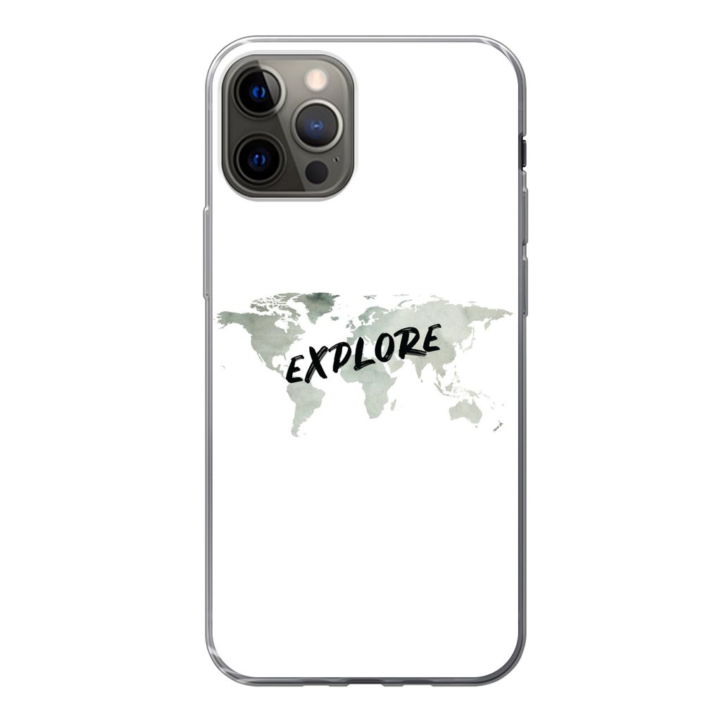 MuchoWow Handyhülle Schutzhülle Hülle für iPhone 12 Pro Weltkarte - Grau - Zitat Silikon Softcase Handy Hülle - Abdeckung