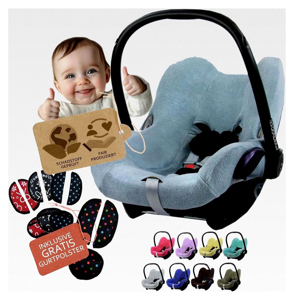 Frottee Sommerbezug für Babyschale Autositz kompatibel mit Maxi Cosi Cabrio Fix + GRATIS Gurtpolster (blau-grau)