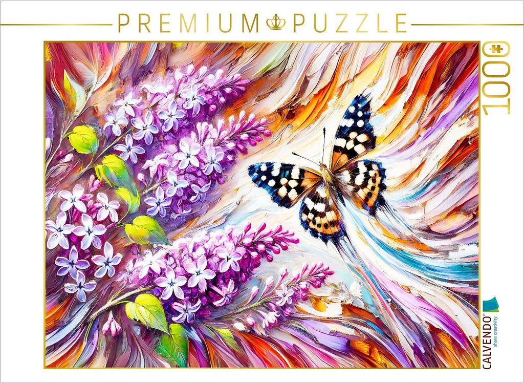 CALVENDO Puzzle Waldbrettspielfalter an Flieder in Ölmalerei | 1000 Teile Lege-Größe 64x48cm Foto-Puzzle für glückliche Stunden