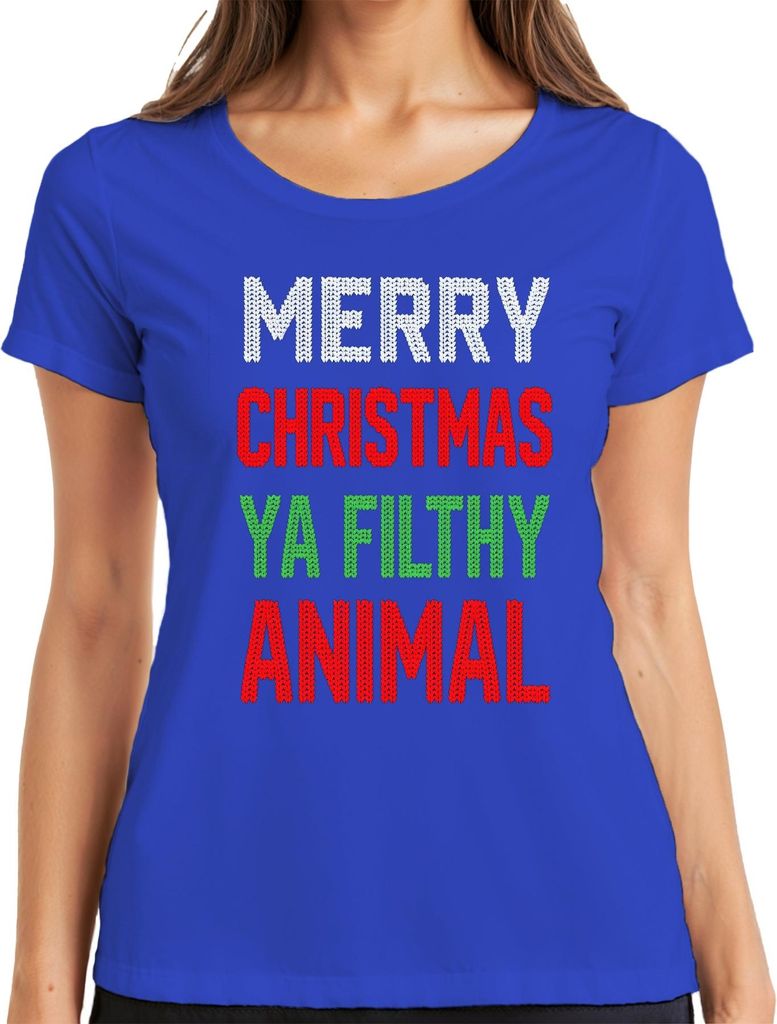 Merry Christmas Ya Filthy Animal Weihnachten Strickoptik ugly sweater Damen T-Shirt, Blau, 3XL