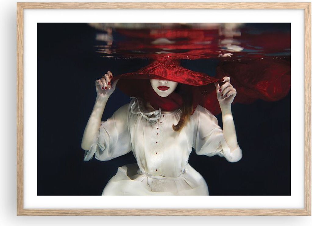 Gerahmtes Poster - Rahmen in heller Eiche - Mädchen Rot Hut - 70x50 cm - Wand Bild - Wanddeko - Wandbilder - Kunstposter - Wandposter - Bilderrahm...