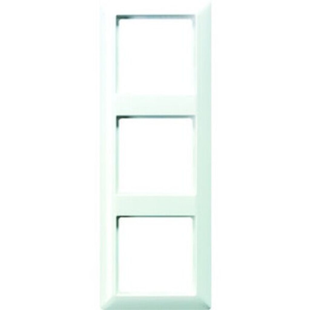 A white, three-gang switch frame is shown against a white background.