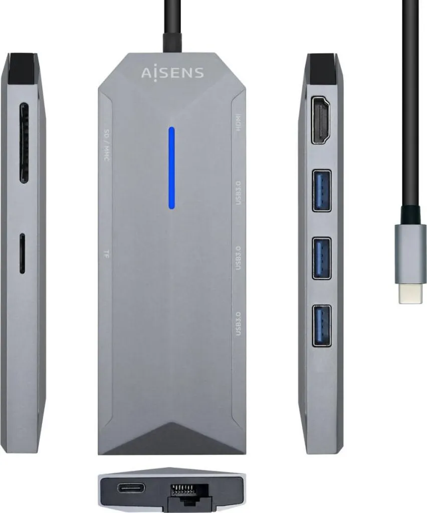 Station d'accueil Hub USB-C Multiport 8 en 1 Aisens Gris 4K Ultra HD 100W
