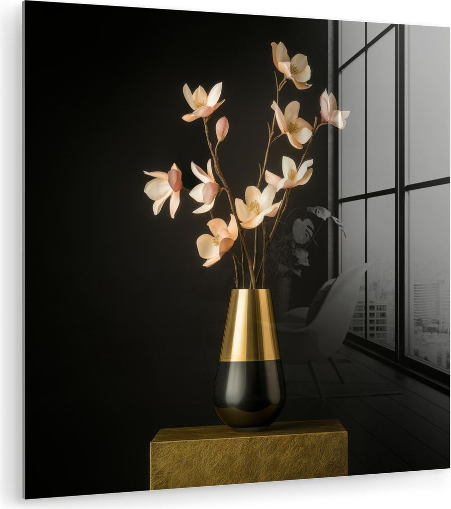 MuchoWow Glasbilder - Bilder auf Wandbild - Foto auf Glas Verschnörkelt - Blumenstrauß - Gold - Vase 20x20 cm Wanddekoration aus Glas - Acrylglas...