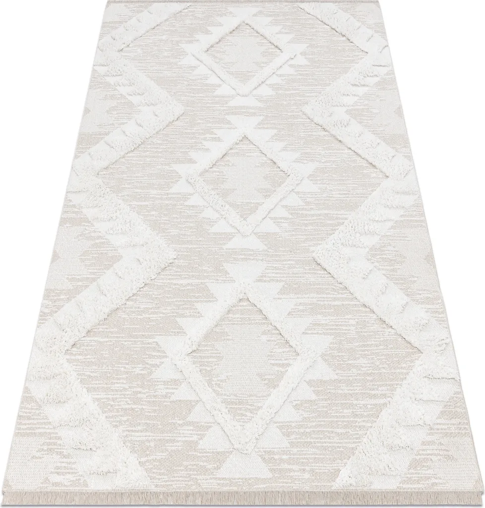 Tapis bohème chic beige à losanges et pompons - Qualité Eco Sisal durable