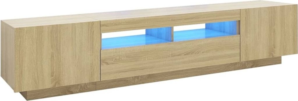 A modern, long TV stand with a light wood grain finish and blue LED lighting. The stand has two closed cabinets on the sides and open shelving in the middle.
