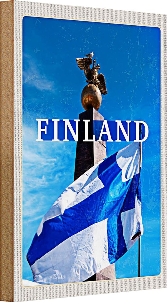Holzschild Reise 20x30cm Finnland Helsinki goldener Adler Stein