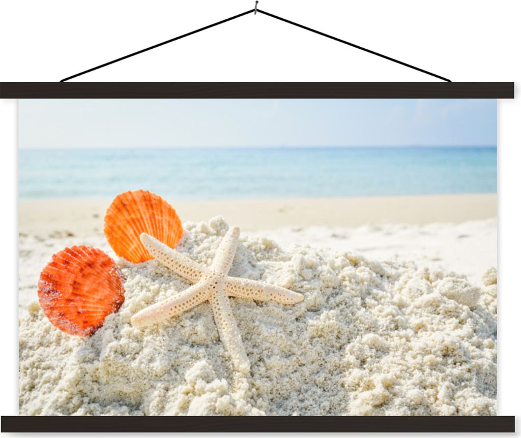 MuchoWow Textilposter Muscheln - Seesterne - Sand 150x100 cm mit schwarzem Rahmen - Schlafzimmer