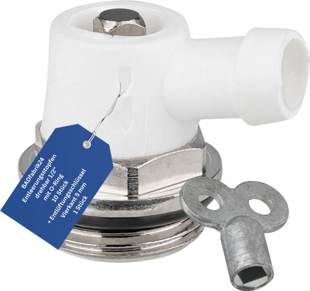 BADfabrik24 Entleerungsstopfen drehbar 1/2" mit O-Ring mit großem Durchlaß 10 Stück + Entlüftungsschlüssel aus Metall, Vierkant 5mm 1 Stück