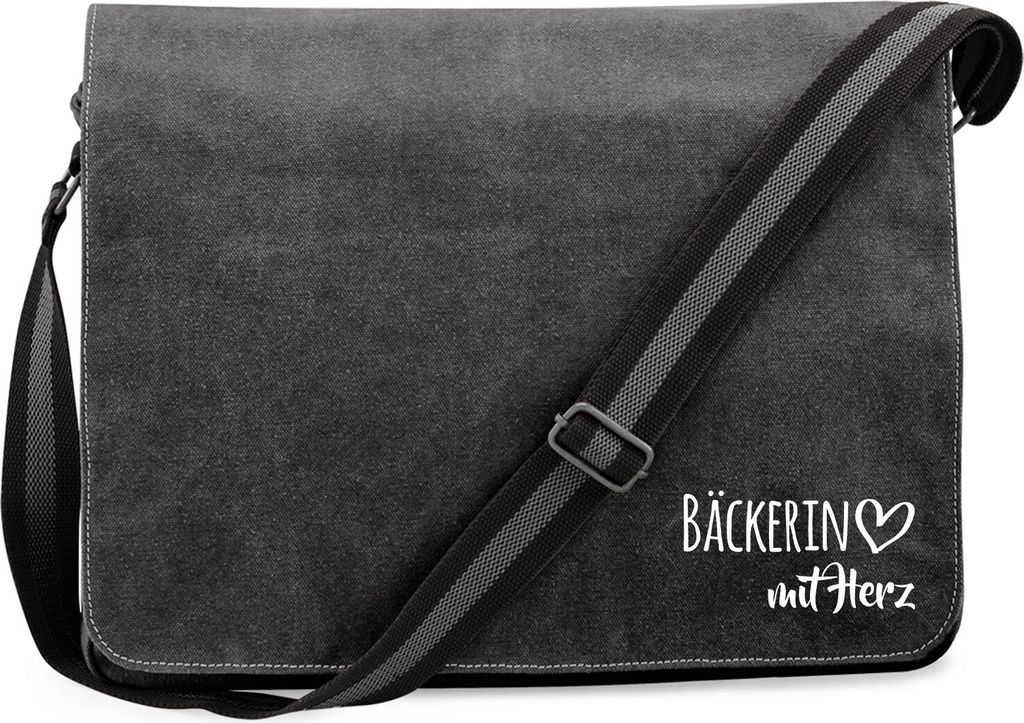 Huuraa Umhängetasche Bäckerin mit Herz 14 Liter Black Canvas Laptoptasche Geschenkidee