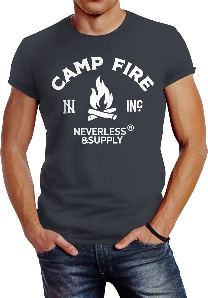 Herren T-Shirt Lagerfeuer Camping Abenteuer Supply Slim Fit Neverless dunkelgrau 3XL