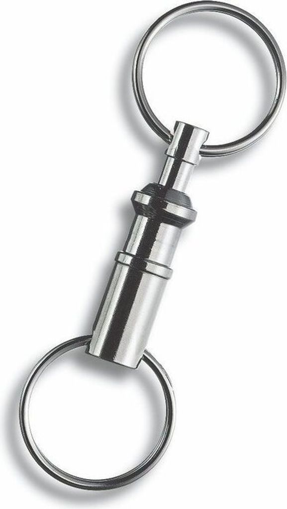 A close-up studio shot of a silver keychain connector.
