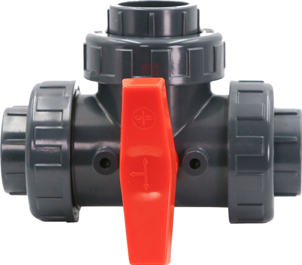 HAF PVC 3 Wege Kugelhahn T-Bohrung mit 1 1/2" | Innengewinde x Innengewinde | Absperrhahn aus grauem PVC-U | PN16 für PVC Verrohrung, Pool & Teich