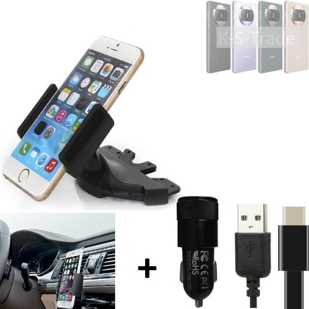 K-S-Trade CD Schlitz Handy-Halterung kompatibel mit Huawei Mate X3 Autohalterung KFZ-Halter Radio Handy Halterung 360° drehbar CD-Schacht inkl. USB-C