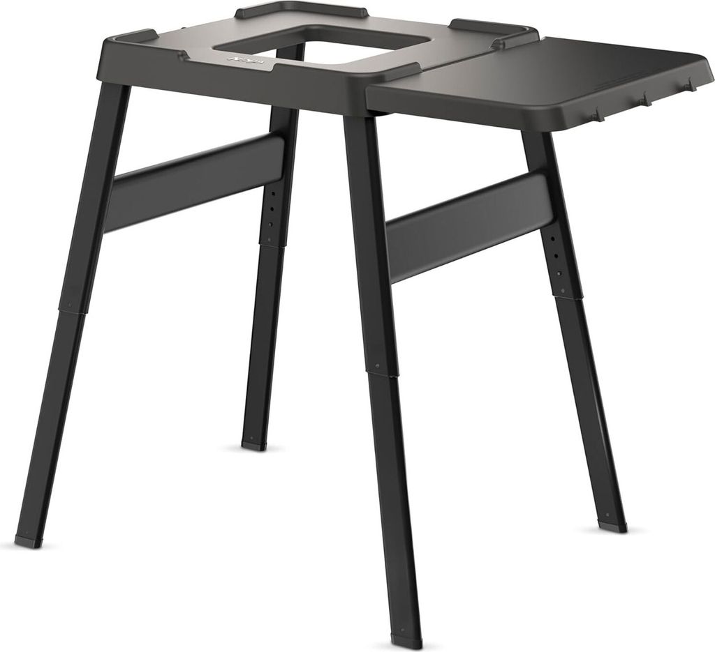 A black adjustable stand with a side table, shown from a 3/4 angle against a white background.