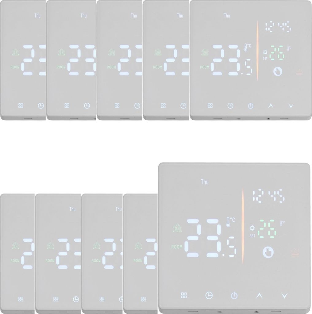 A collection of digital thermostats arranged in two rows.