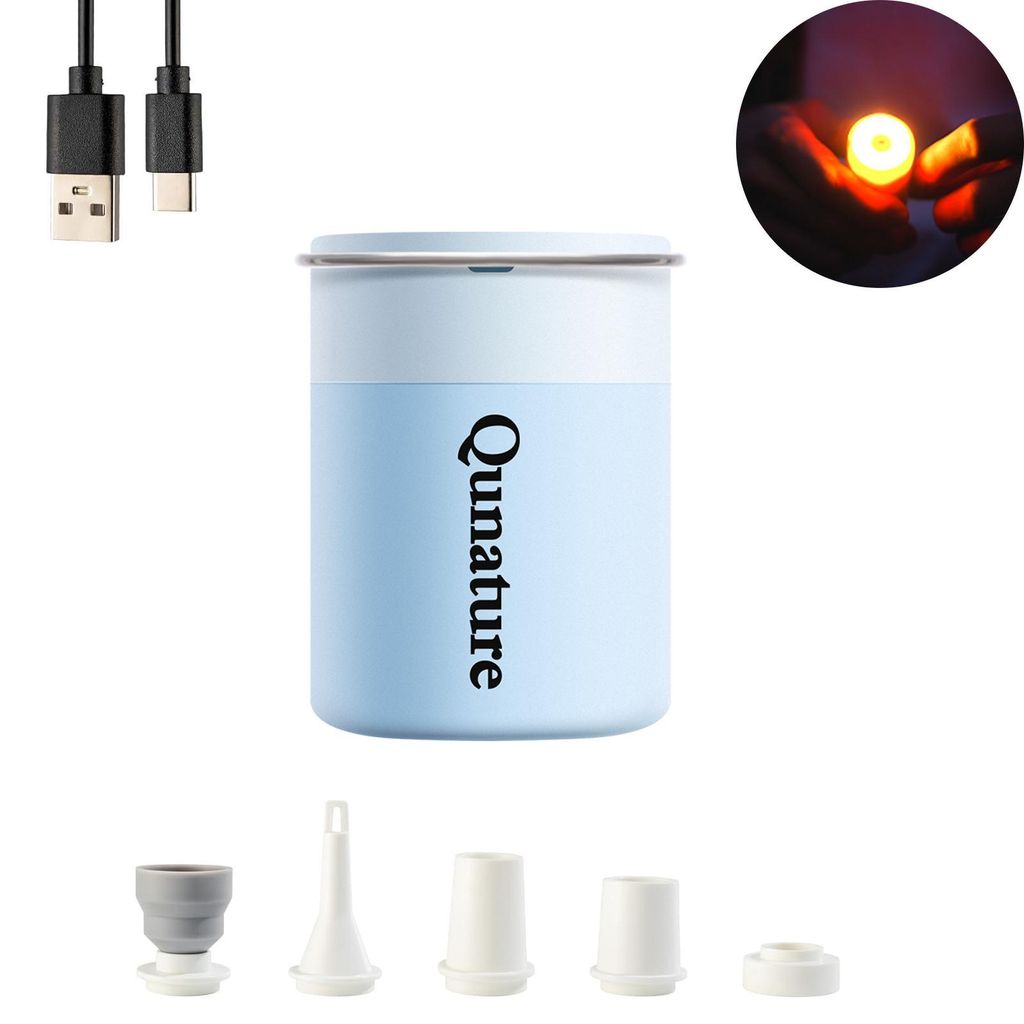 Qunature 3 in 1 Leicht Mini Elektrische Luftpumpe 1500mAh Beleuchtbar Camping Air Pump, Magnetische Lampe, Mit 5 Luftdüsen, Hellblau