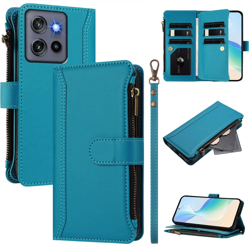 Handyhülle für Motorola Moto G Stylus 5G 2024 Reißverschluss Geldbörse Kunstleder Klapphülle mit Kartensteckplatz, Ständer, Handschlaufe Blau
