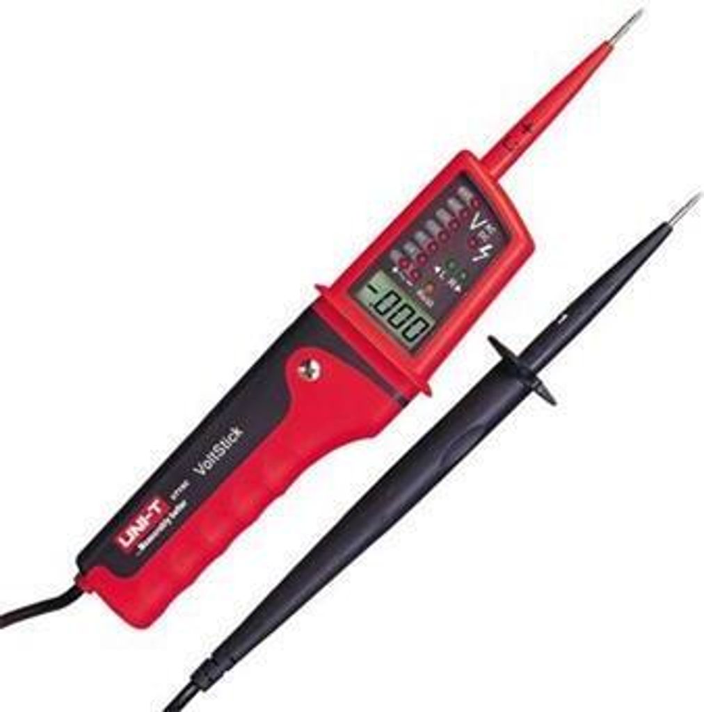 A red and black voltage tester with a digital display and a separate black probe, presented against a white background.