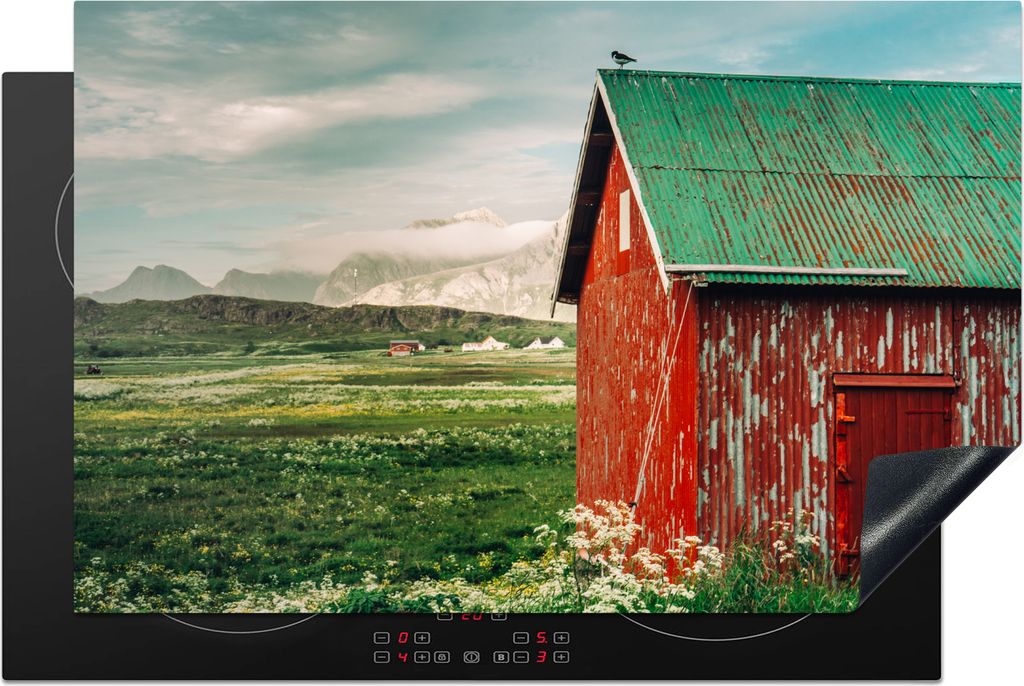 KitchenYeah Herdabdeckplatte Hütte auf den Lofoten , 81x52cm, Küche Deko, Glaskeramikfeld Herdabdeckung, Abdeckplatte fùr Kochfeld