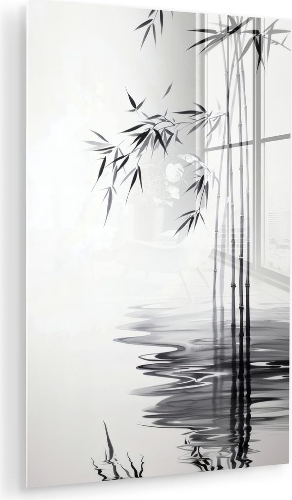 MuchoWow Glasbilder - Bilder auf Wandbild - Foto auf Glas Bambusstämme - Wasser - Minimalistisch - Weiß 40x60 cm Wanddekoration aus Glas - Acrylg...
