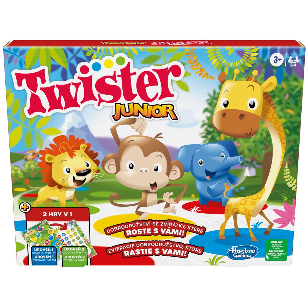 The image shows the packaging of the Twister Junior board game, featuring cartoon animals and colorful dots.