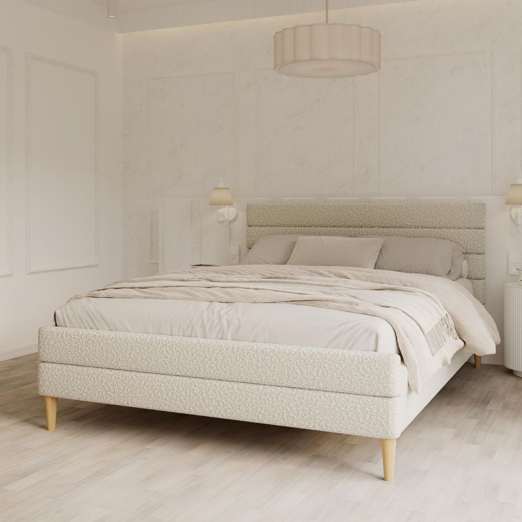 FDM Bett VERMONT 140x200 cm Polsterbett mit Lattenrost aus Holz Samt Boucle creme