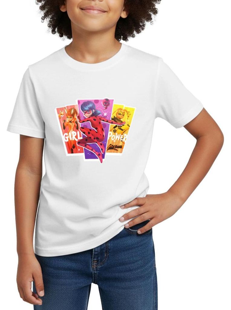 Spreadshirt Miraculous Girl Power Ladybug Superhelden Kinder T-Shirt, 122/128 (7-8 Jahre), Weiß