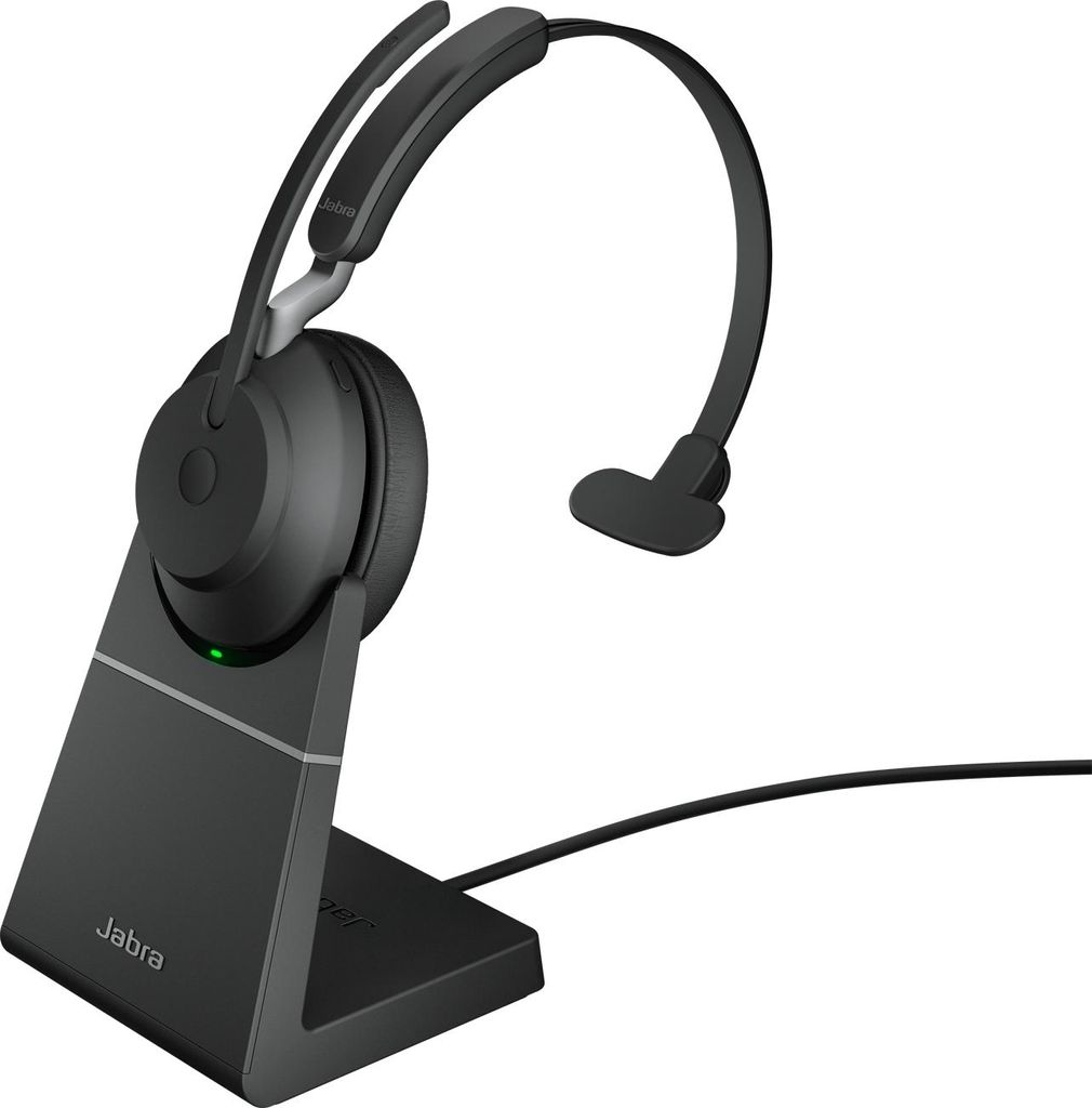 Jabra Evolve2 65 Headset, Mono, kabellos, schwarz Bluetooth, inkl. Link 380 USB-C, inkl. Ladestation