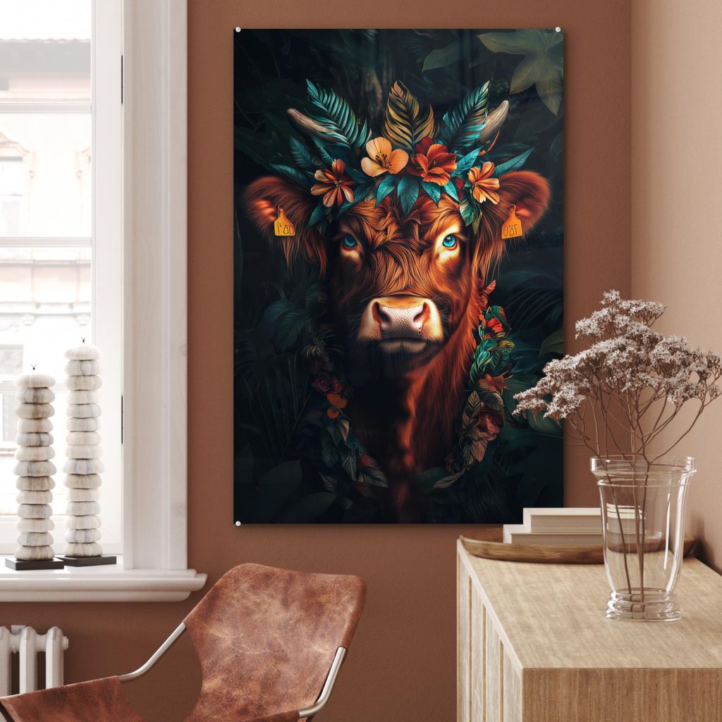 MuchoWow Glasbilder - Bilder auf Wandbild - Foto auf Glas Schottisches Hochlandrind - Blumen - Blätter 60x90 cm Wanddekoration aus Glas - Acrylgla...