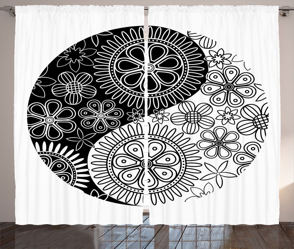 ABAKUHAUS Ying Yang Rustikaler Vorhang, Yoga Art Harmony, Wohnzimmer Universalband Gardinen mit Schlaufen und Haken, 280 x 175 cm, Schwarz und weiß
