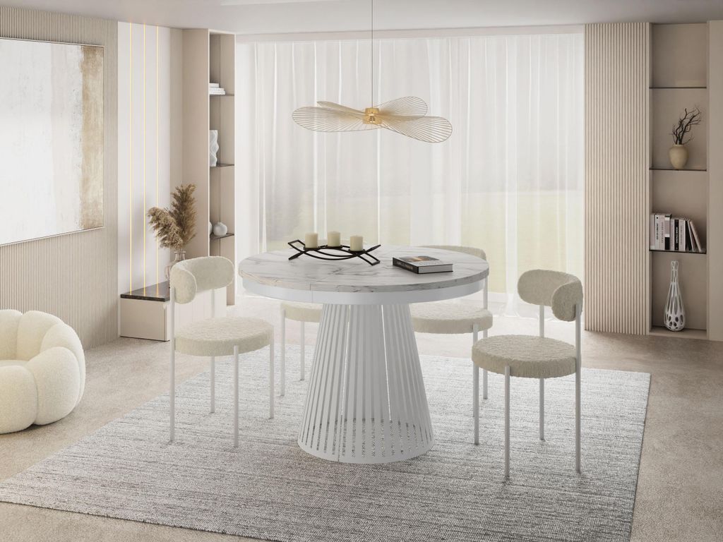 Esstisch Rund Ausziehbar mit Lamellen im Loft-Stil – 120 bis 200 cm – Industrieller Tisch mit Weißen Metallbeinen, Platzsparend für Wohnzimme...