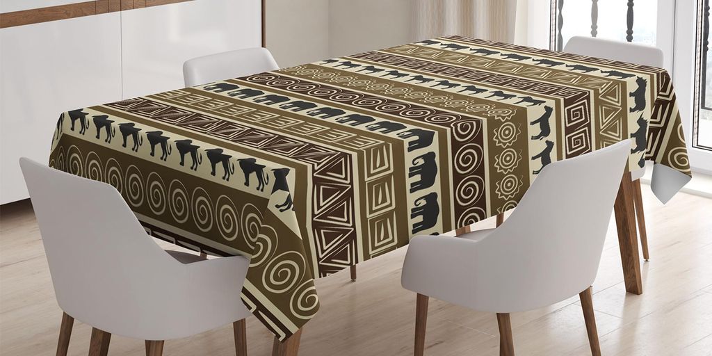 ABAKUHAUS Safari Tischdecke, Geometrisches Muster der afrikanischen Art mit wilden Tieren in der Linie Kunst, 140 x 200 cm, Schwarz und Braun