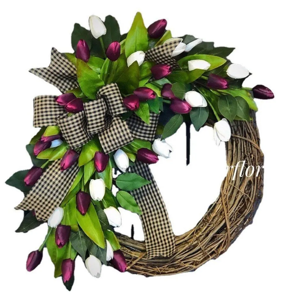 Couronne de fleurs artificielles tulipes 45cm pour déco de porte INF
