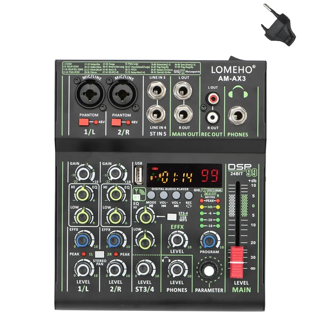 LOMEHO Mini Console de Mixage 4 Canaux avec Bluetooth et 99 Effets DSP