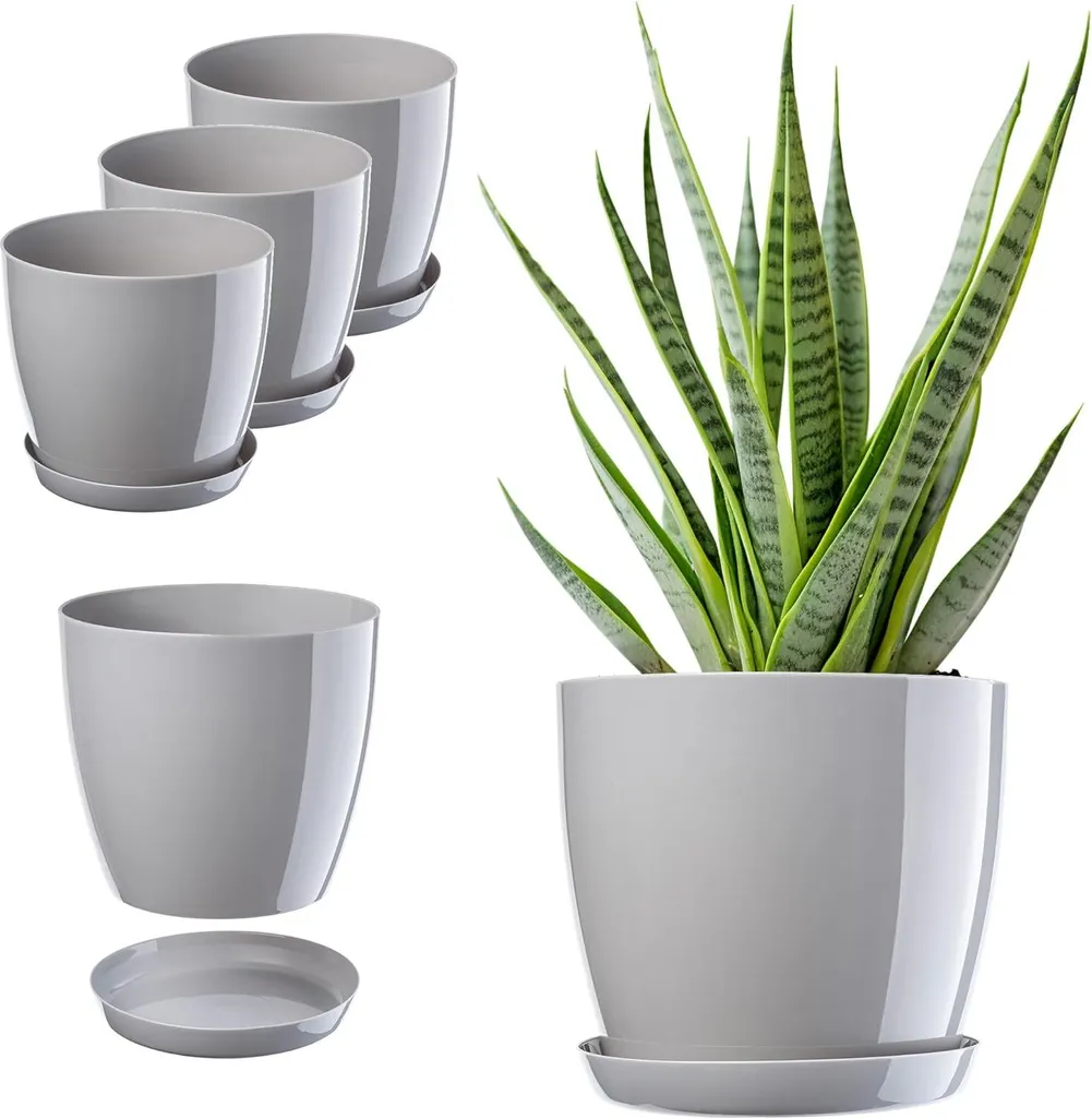 Pots de fleurs gris 20cm avec soucoupes anti-fuite - Lot de 3 pièces