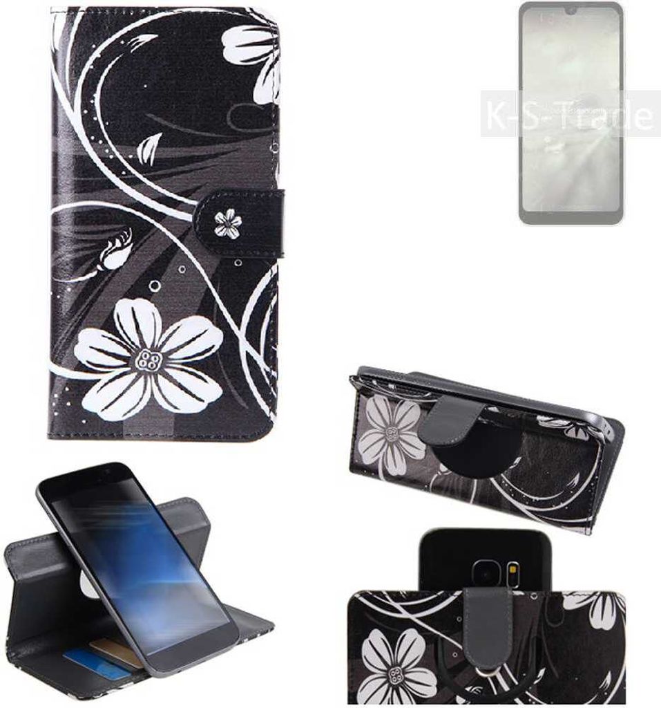 K-S-Trade Schutzhülle Handyhülle kompatibel mit Sharp Aquos Wish2 Hülle 360° Wallet Case ''Flowers'' Klapphülle Hülle schwarz-weiß 1x
