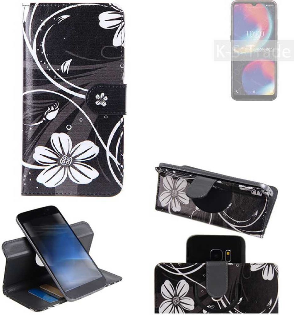 K-S-Trade Schutzhülle Handyhülle kompatibel mit Wiko View 4 Hülle 360° Wallet Case ''Flowers'' Klapphülle Hülle schwarz-weiß 1x