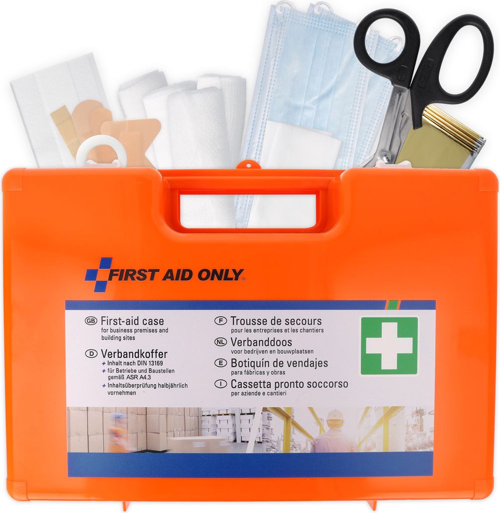 First Aid Only Erste Hilfe Koffer DIN 13169 mit Wandhalterung | Verbandskasten für Betriebe und Haushalte gefüllt nach DIN 13169:2021 | Tragegrif...