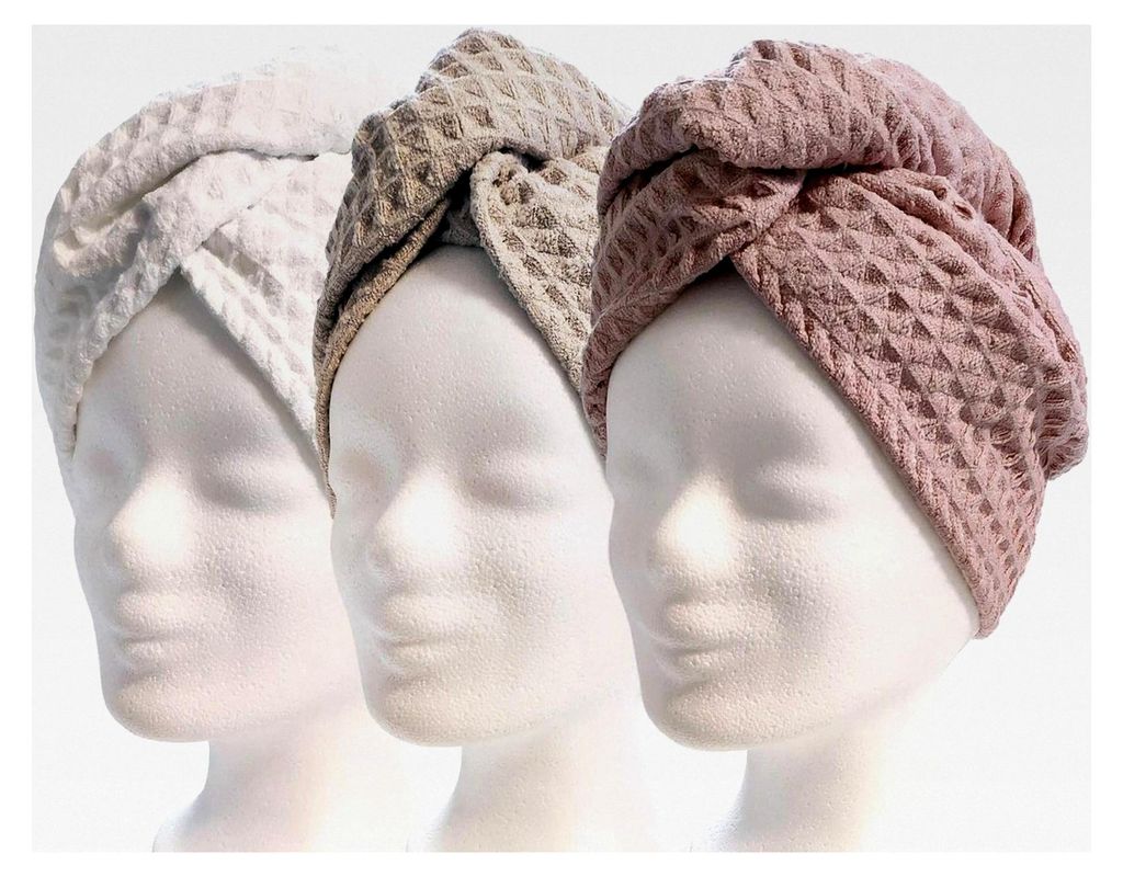 Haarturban, Trockentuch, 3er Set - schnell trocknendes Mikrofaser Trockentuch mit Knopf (3er Set in Weiß, Creme, Rosa)