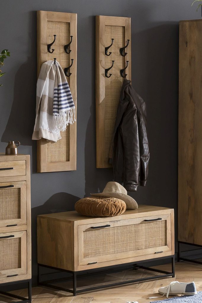 SIT Möbel 3-tlg. Dielen-Set | 1 Schuhschrank, 2 Garderobenpaneele | Mango mit Rattan-Front natur | Gestell Metall schwarz | B 84,5 x T 40 x H 48 c...