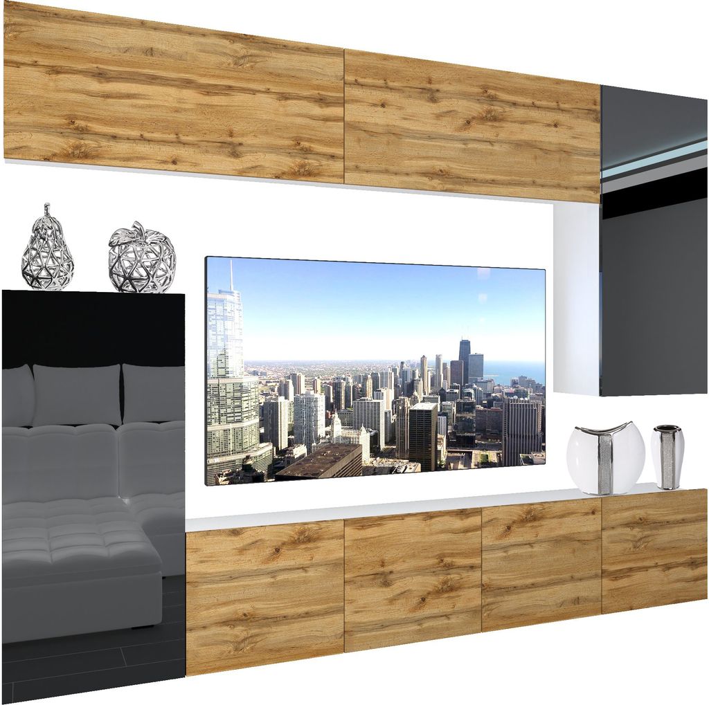BELINI Wohnwand Vollausstattung Wohnzimmer-Set Moderne Schrankwand mit LED-Beleuchtung Weiß Glänzend Anbauwand TV-Schrank Wotan Eiche / Schwarz G...