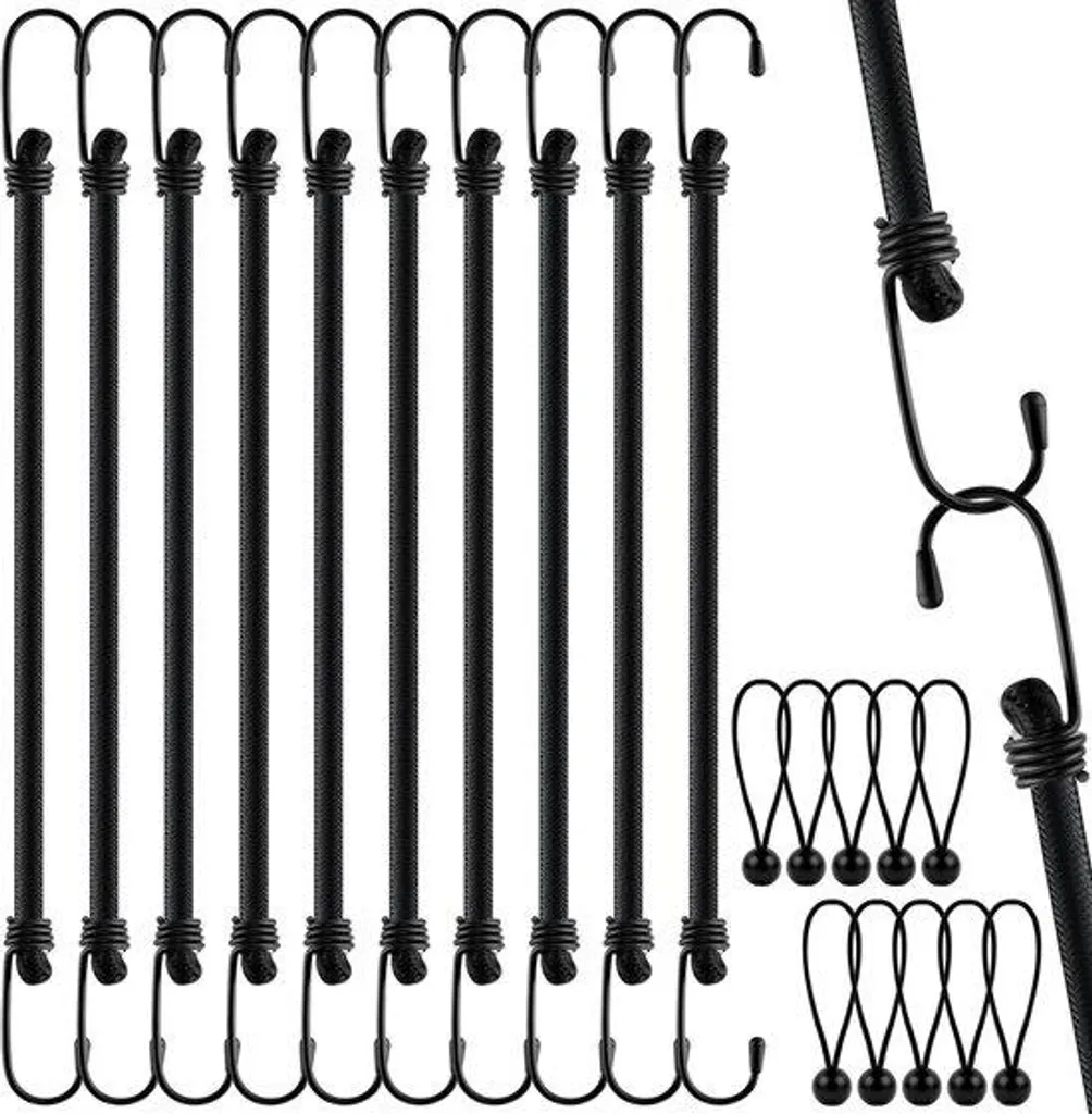 Lot de 10 tendeurs à crochet élastiques noirs 60 cm pour chargement