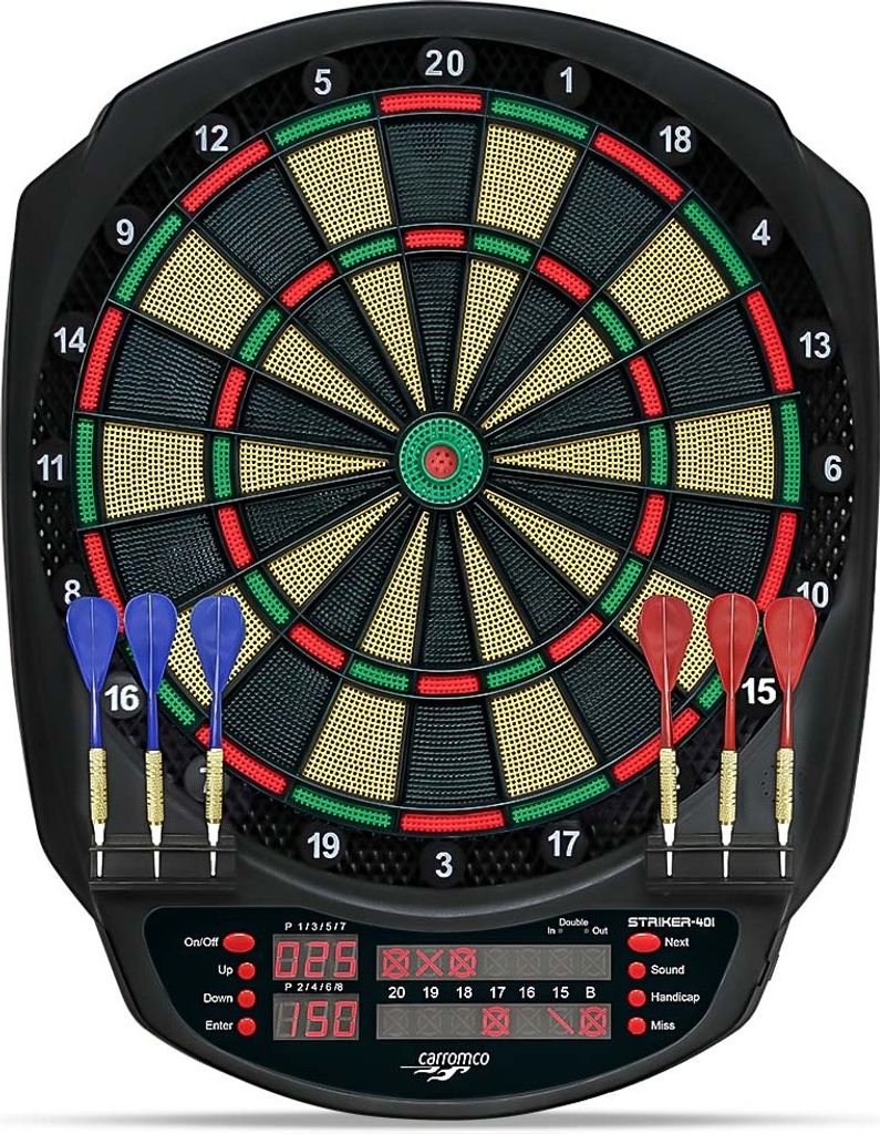 Carromco Elektronik Dartboard Striker-401 3-Loch Abstand Adapter Dartscheibe elektronisch rot-grün 8 Spieler Softdarts 34 Spielen 584 Variationen