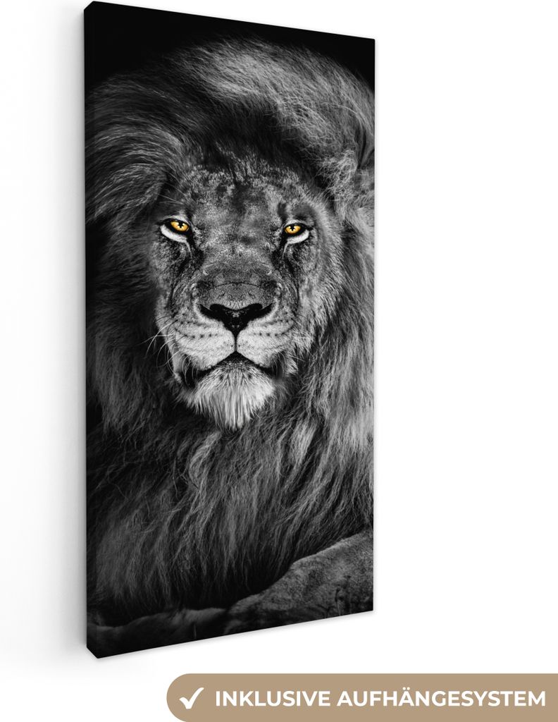 MuchoWow - Leinwandbilder - Löwe - Augen - Orange - Schwarz und weiß - Tiere - Porträt, Wandbild, Wanddeko Bilder Wohnzimmer, 40x80 cm