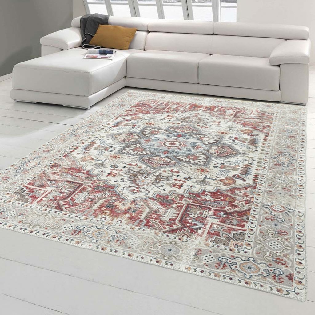 Modern klassischer Teppich mit orientalischen Verzierungen & Ornamenten in creme rot orange Größe - 160 x 230 cm