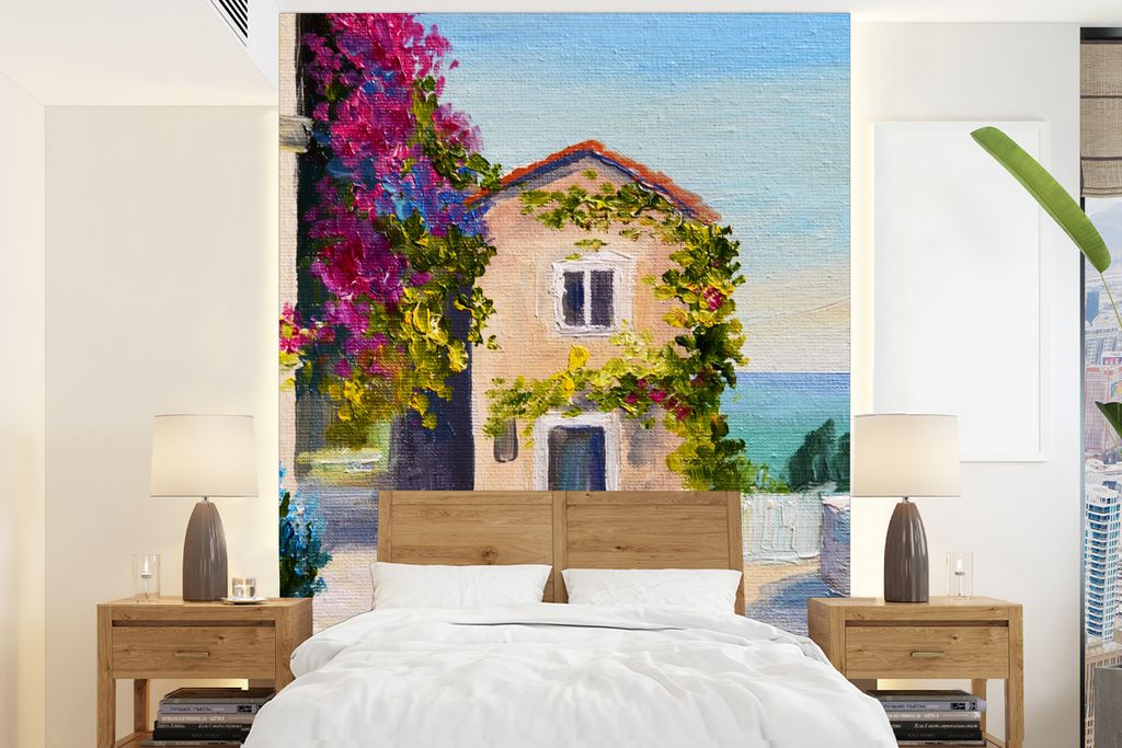 MuchoWow Fototapete für Wohnzimmer oder Schlafzimmer Wandtapete Vinyl Motivtapete Malerei - Haus - Ölfarbe - Dorf - 205x280 cm - Wandbild